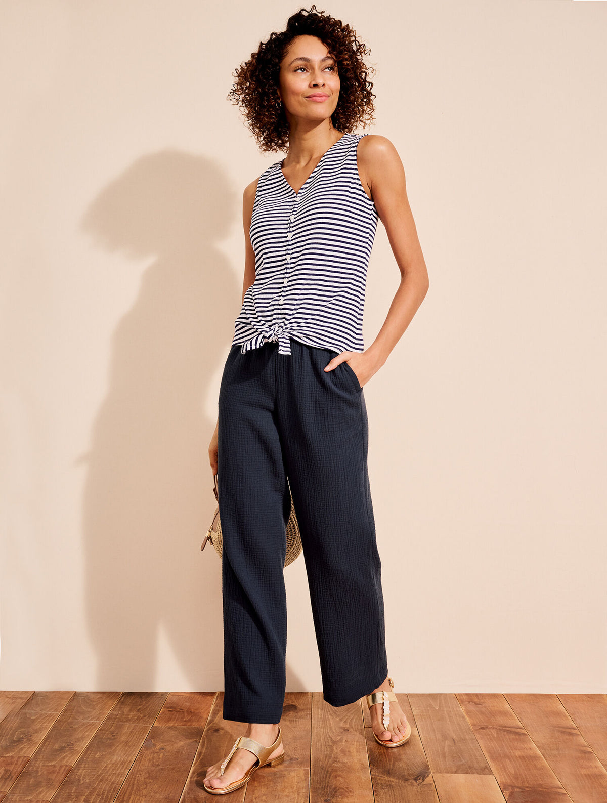 Talbots TIE HEM BUTTON FRONT TANK - COASTAL STRIPE