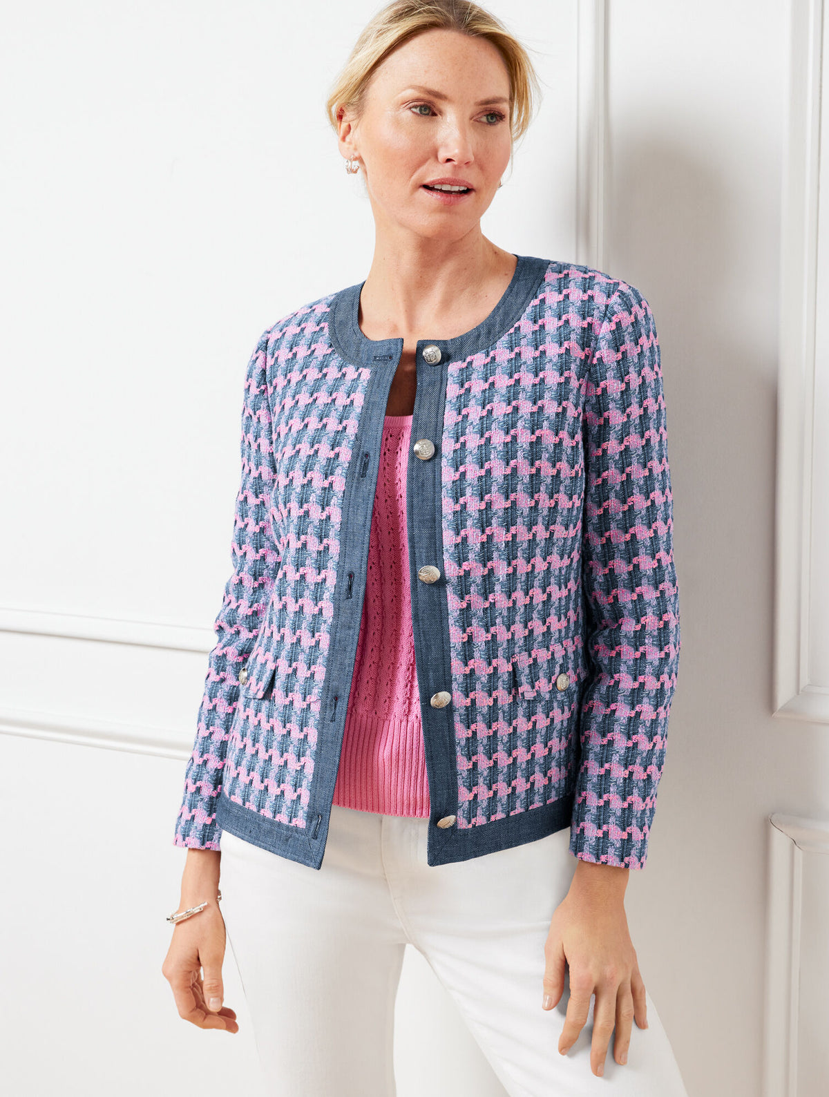 Talbots DENIM TRIM BASKET TWEED JACKET