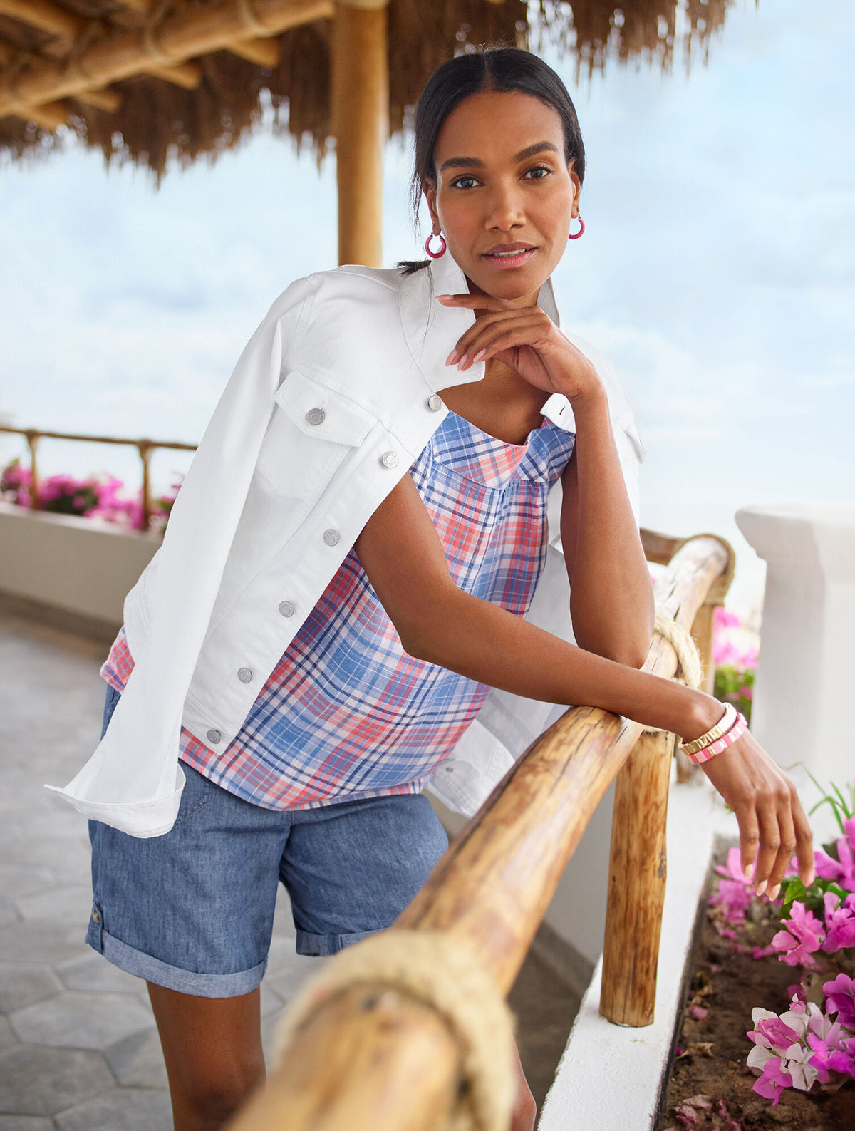 Talbots LINEN SQUARE NECK SHELL - PARADISE PLAID
