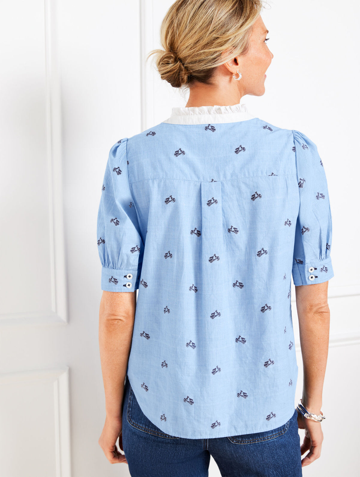 Talbots RUFFLE NECK TOP - EMBROIDERED VESPA