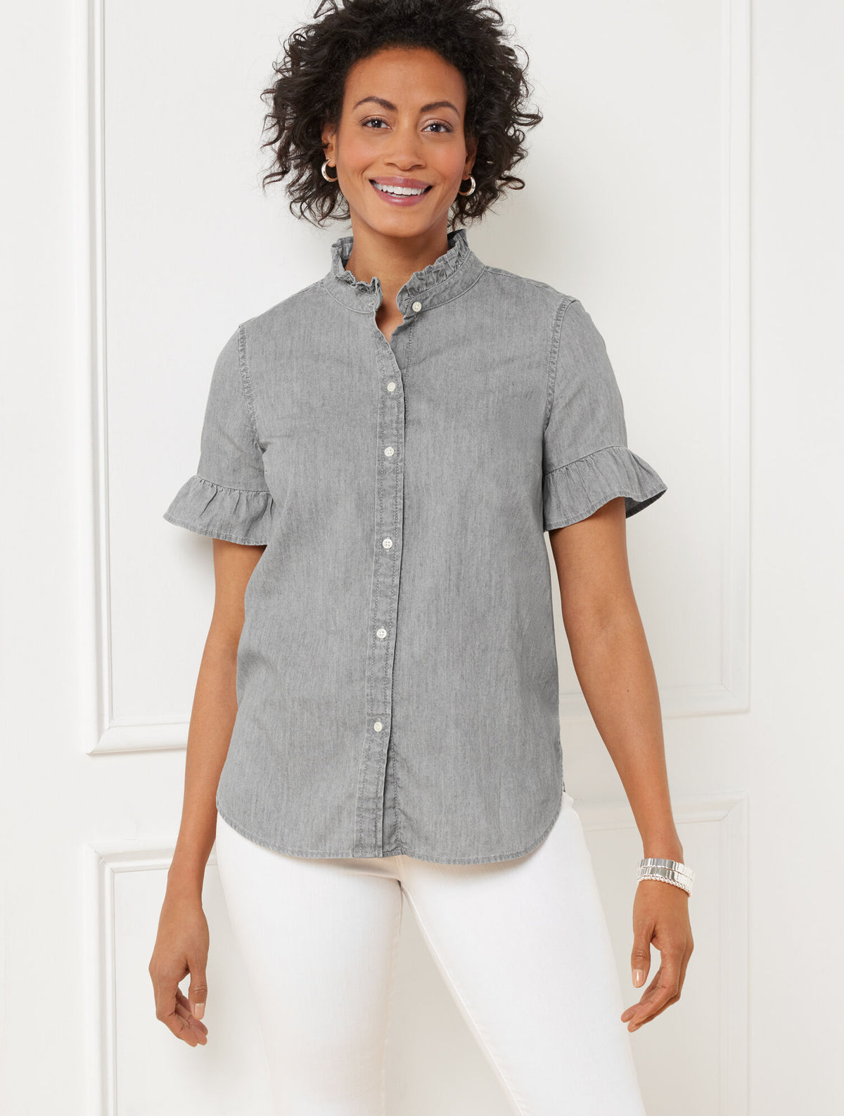 Talbots RUFFLE DENIM SHIRT - GREY WASH