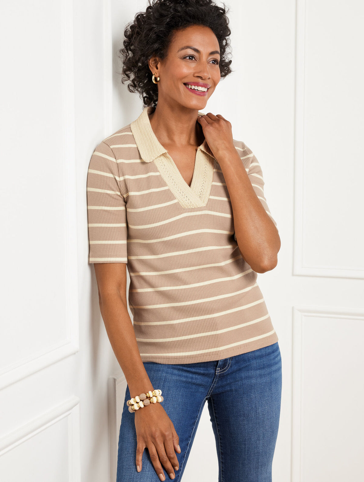 Talbots CROCHET TRIM POLO - STRIPE