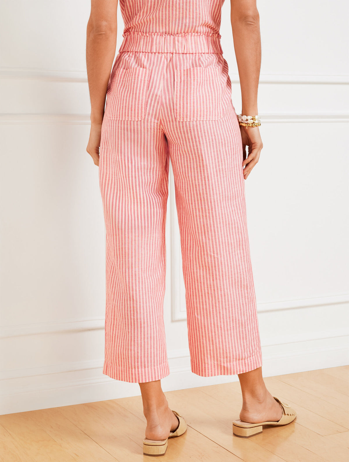 Talbots WIDE CROP PULL-ON WASHED LINEN PANTS - TONAL STRIPE