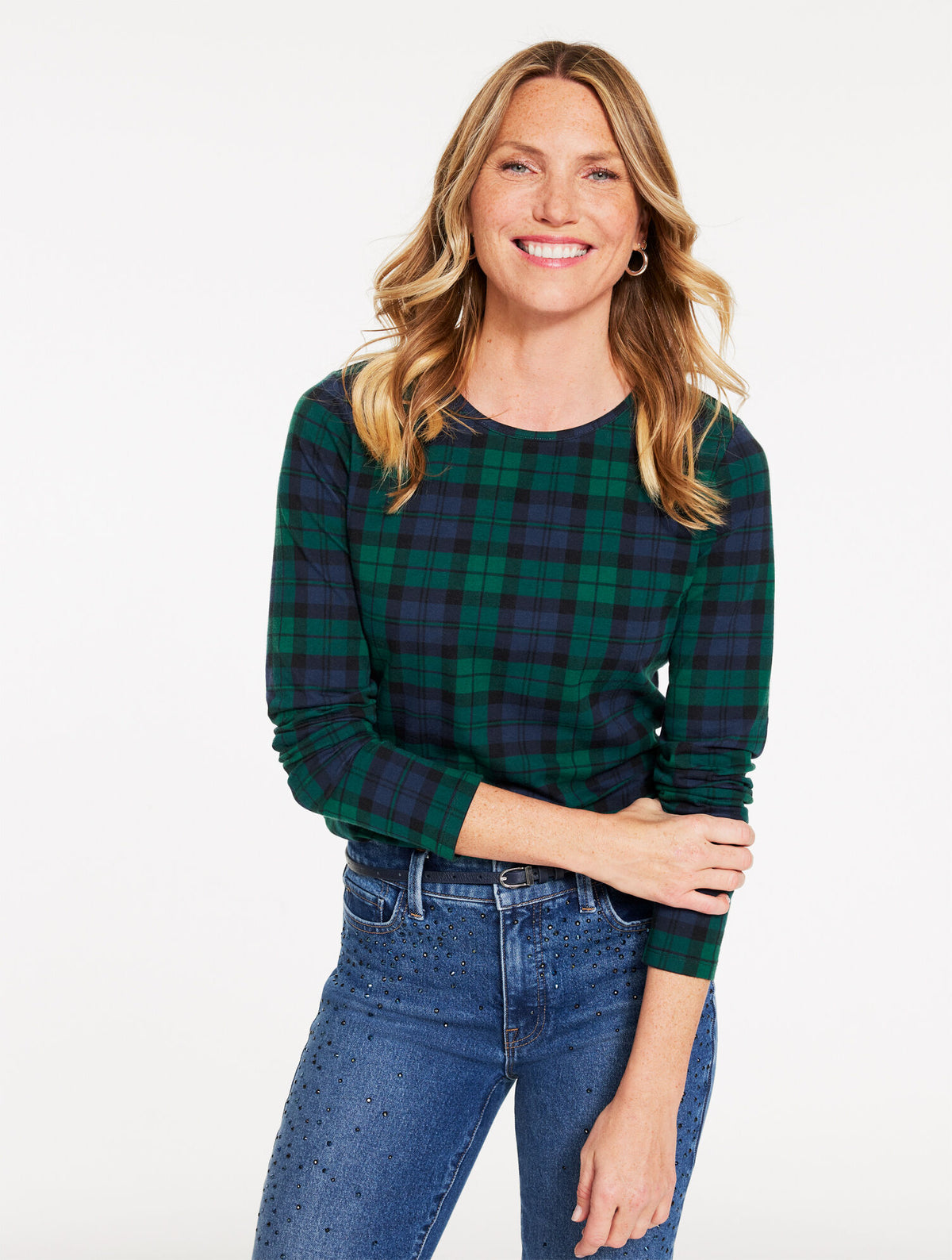 Talbots LONG SLEEVE CREWNECK TEE - MERRIMENT TARTAN