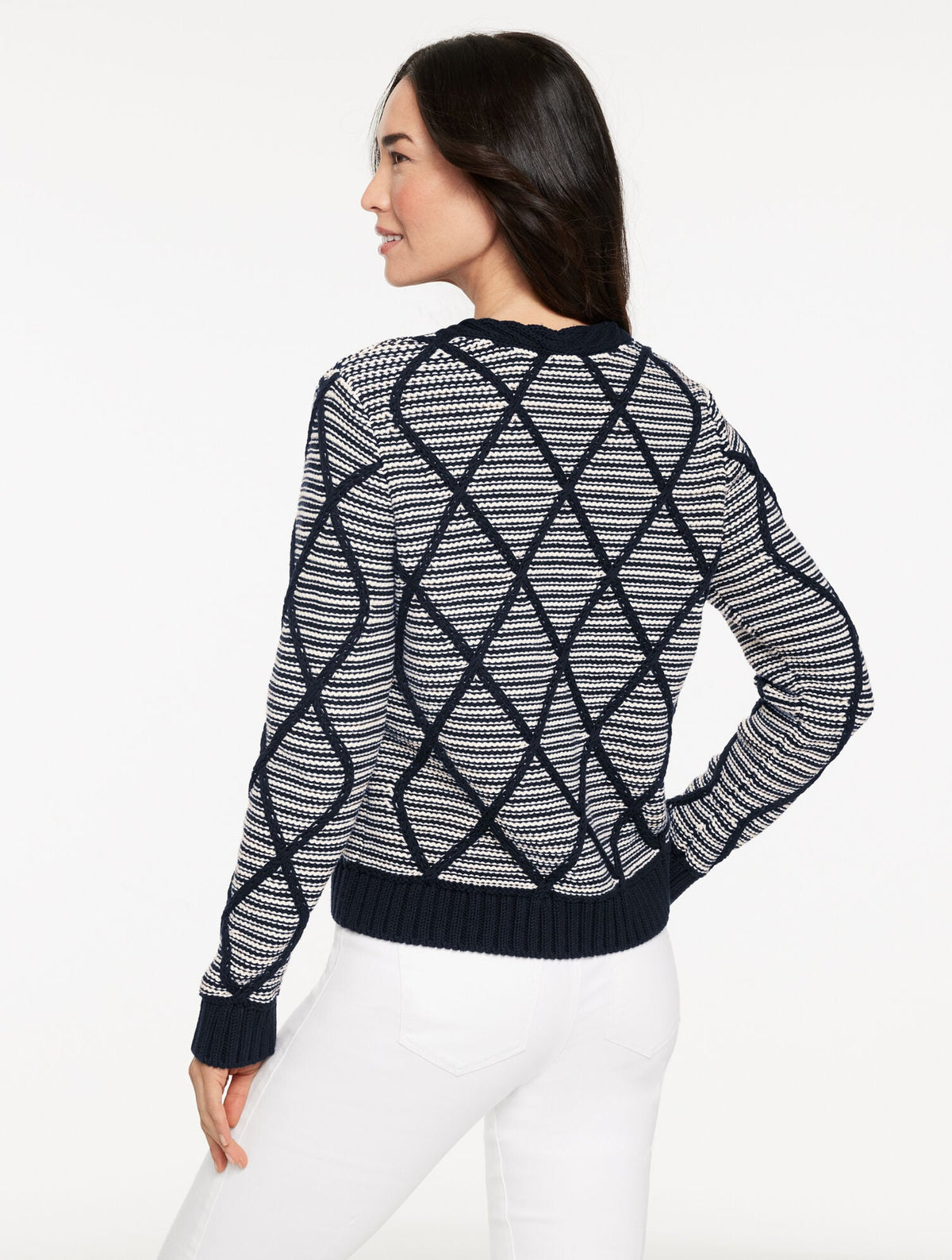 Talbots DIAMOND CABLE V-NECK PULLOVER - STRIPE