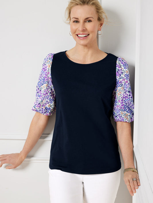 Talbots WOVEN SLEEVE CREWNECK TEE - DITSY