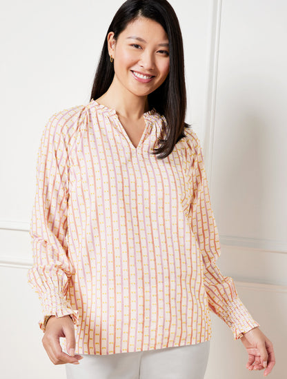 Talbots JACQUARD STRIPE SMOCKED CUFF BLOUSE