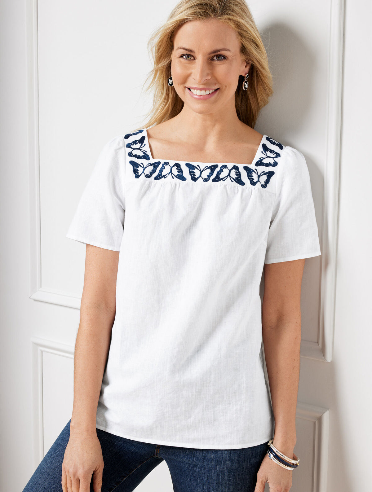 Talbots BUTTERFLY EMBROIDERED LINEN COTTON SQUARE NECK TOP