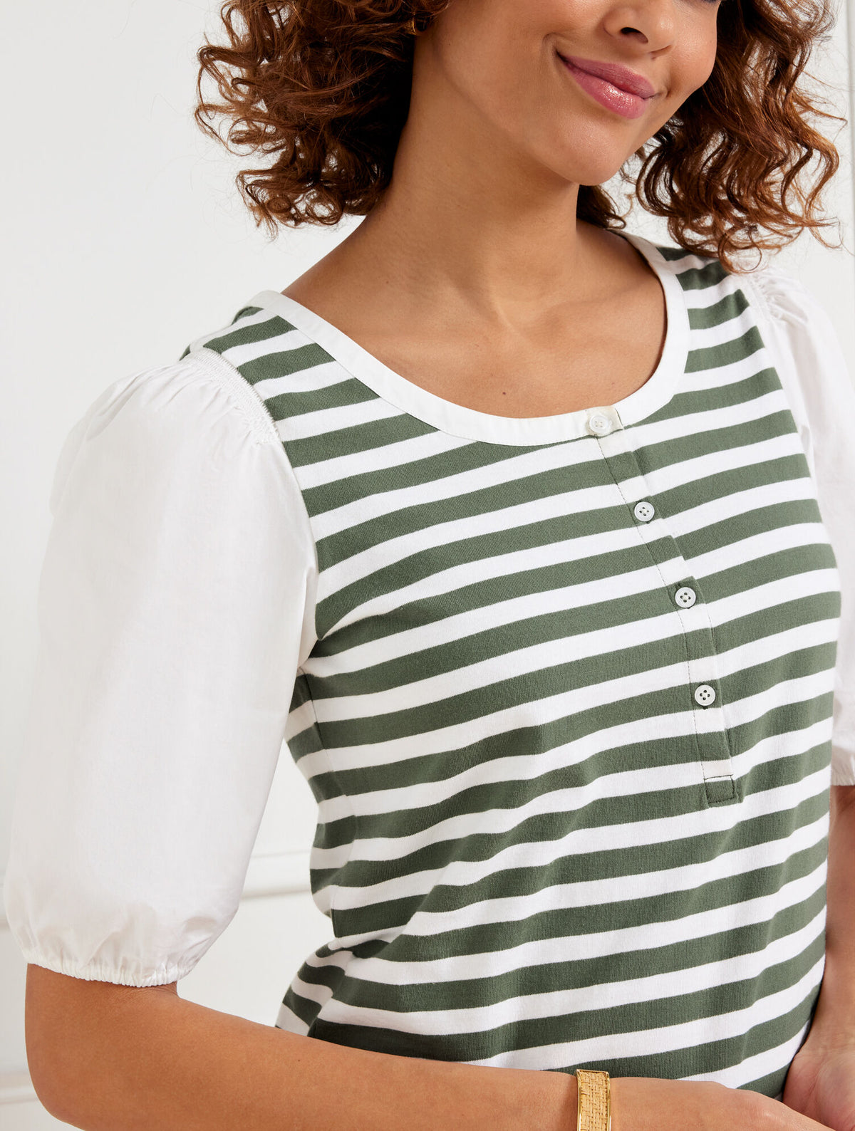 Talbots WOVEN SLEEVE HENLEY TEE - BALI STRIPE