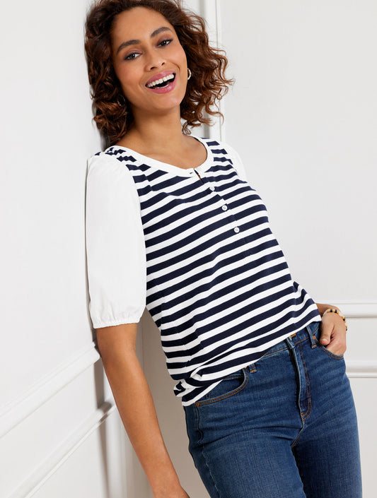Talbots WOVEN SLEEVE HENLEY TEE - BALI STRIPE