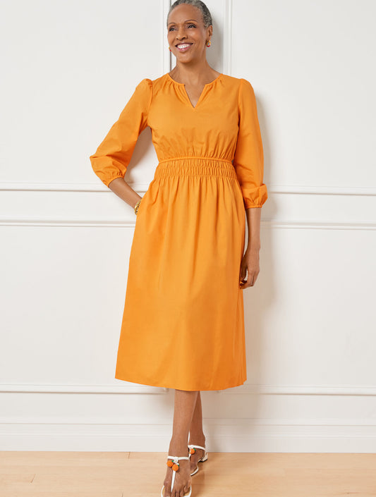 Talbots SMOCKED POPLIN MIDI DRESS