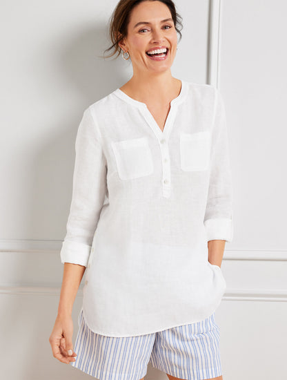 Talbots SIDE BUTTON LINEN BAND COLLAR POPOVER