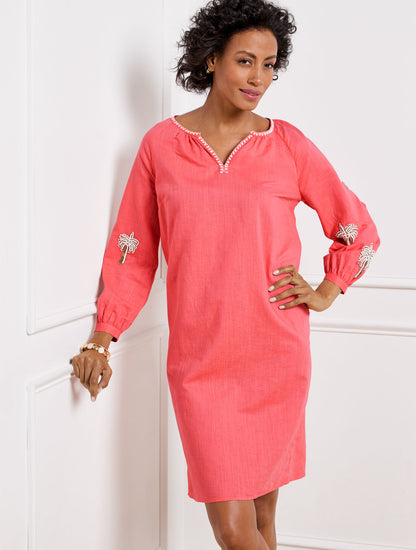 Talbots LINEN COTTON SHIFT DRESS - EMBROIDERED PALM