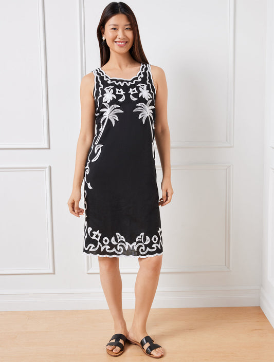 Talbots EMBROIDERED LINEN COTTON SHIFT DRESS