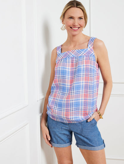 Talbots LINEN SQUARE NECK SHELL - PARADISE PLAID