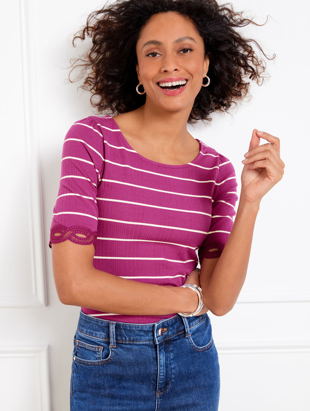 Talbots LACE TRIM BALLET NECK TEE - STRIPE