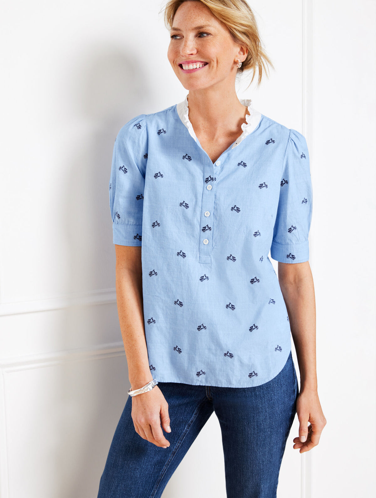 Talbots RUFFLE NECK TOP - EMBROIDERED VESPA