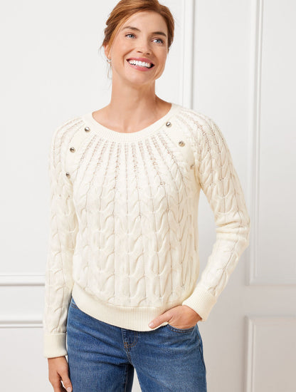 Talbots BUTTON RAGLAN CABLE KNIT SWEATER