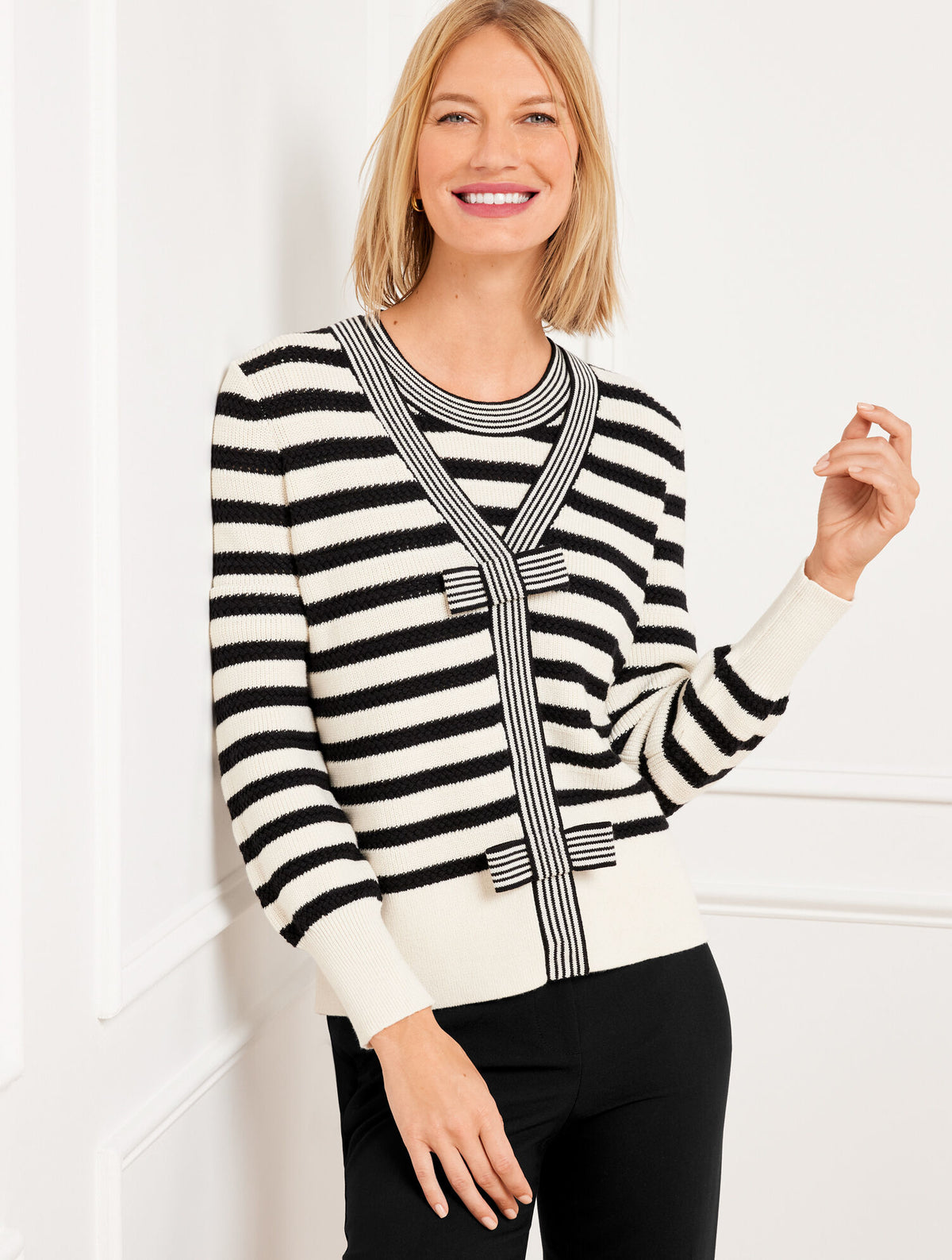 Talbots BOW FRONT TEXTURE STITCH CARDIGAN - FRENCH STRIPE