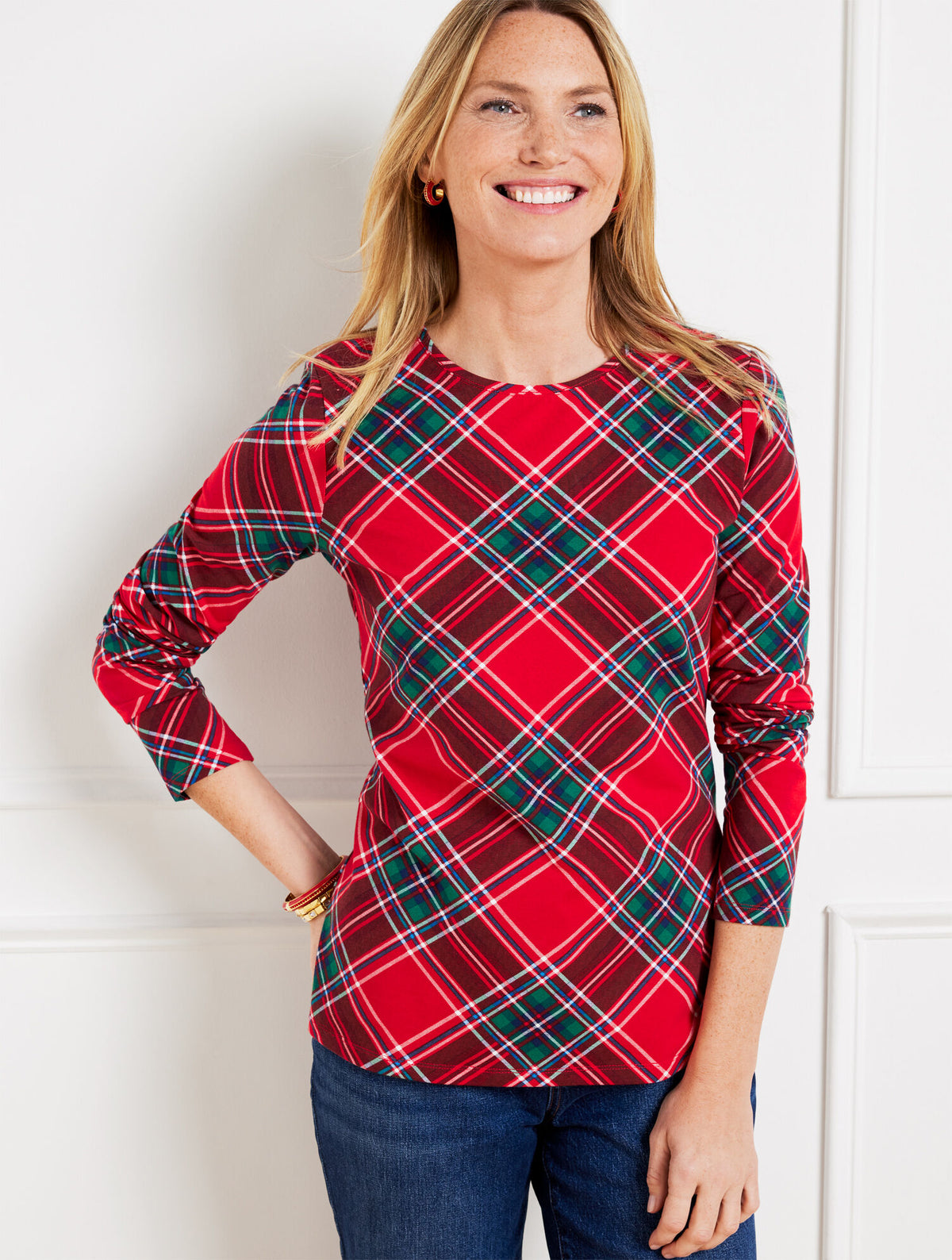 Talbots CREWNECK TEE - POINSETTIA PLAID