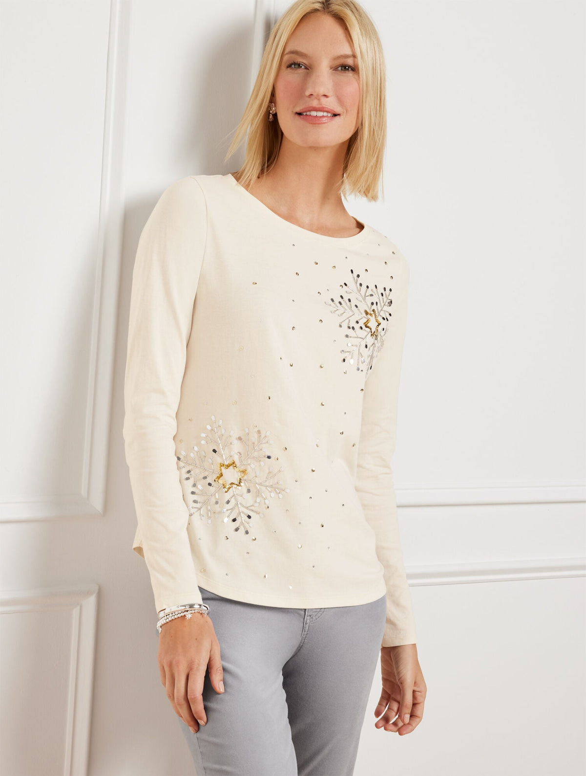Talbots EMBELLISHED CREWNECK TEE - SNOWFLAKE
