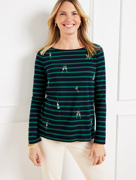Talbots EMBROIDERED BATEAU NECK TEE - COCKTAIL