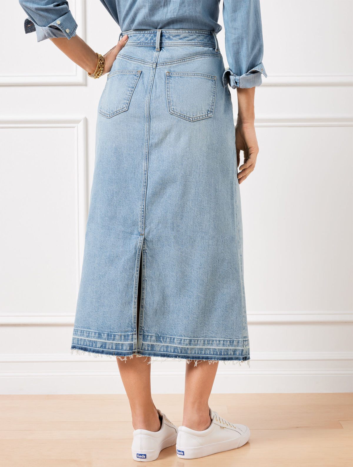 Talbots DROP HEM DENIM MIDI SKIRT - SPRING WASH