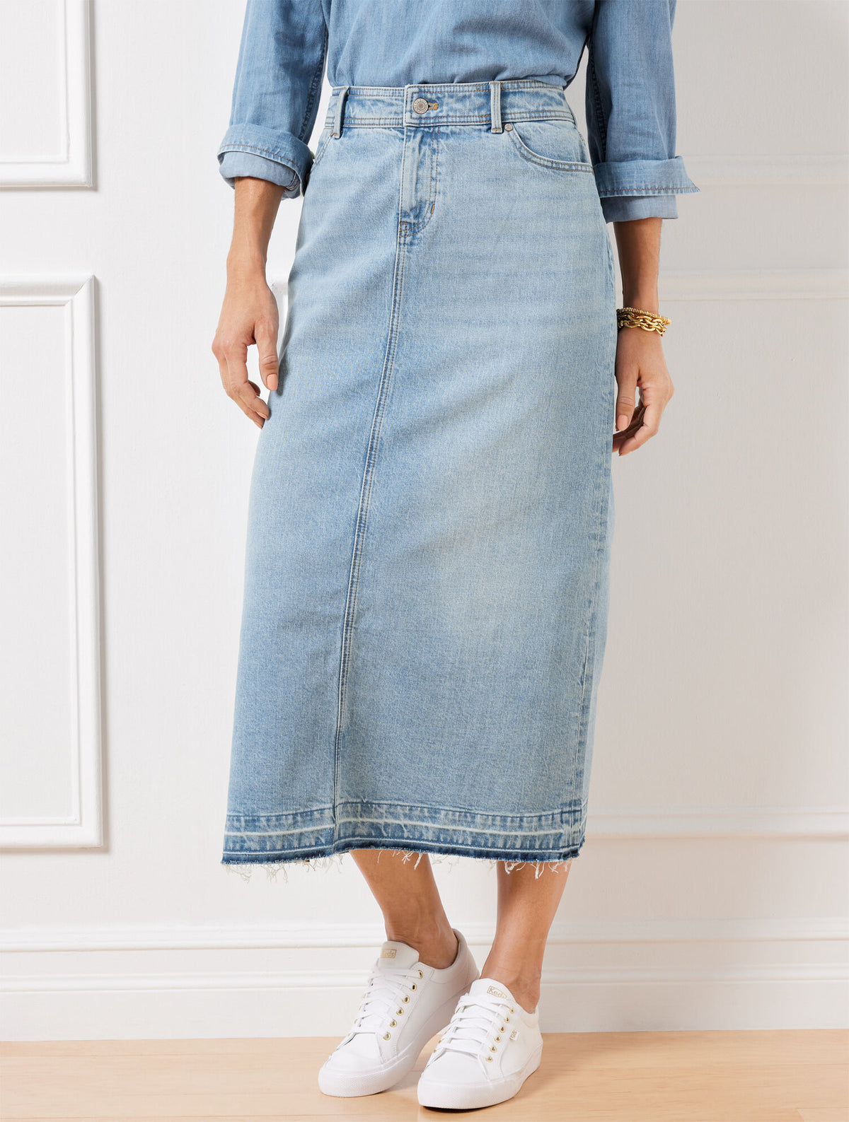 Talbots DROP HEM DENIM MIDI SKIRT - SPRING WASH