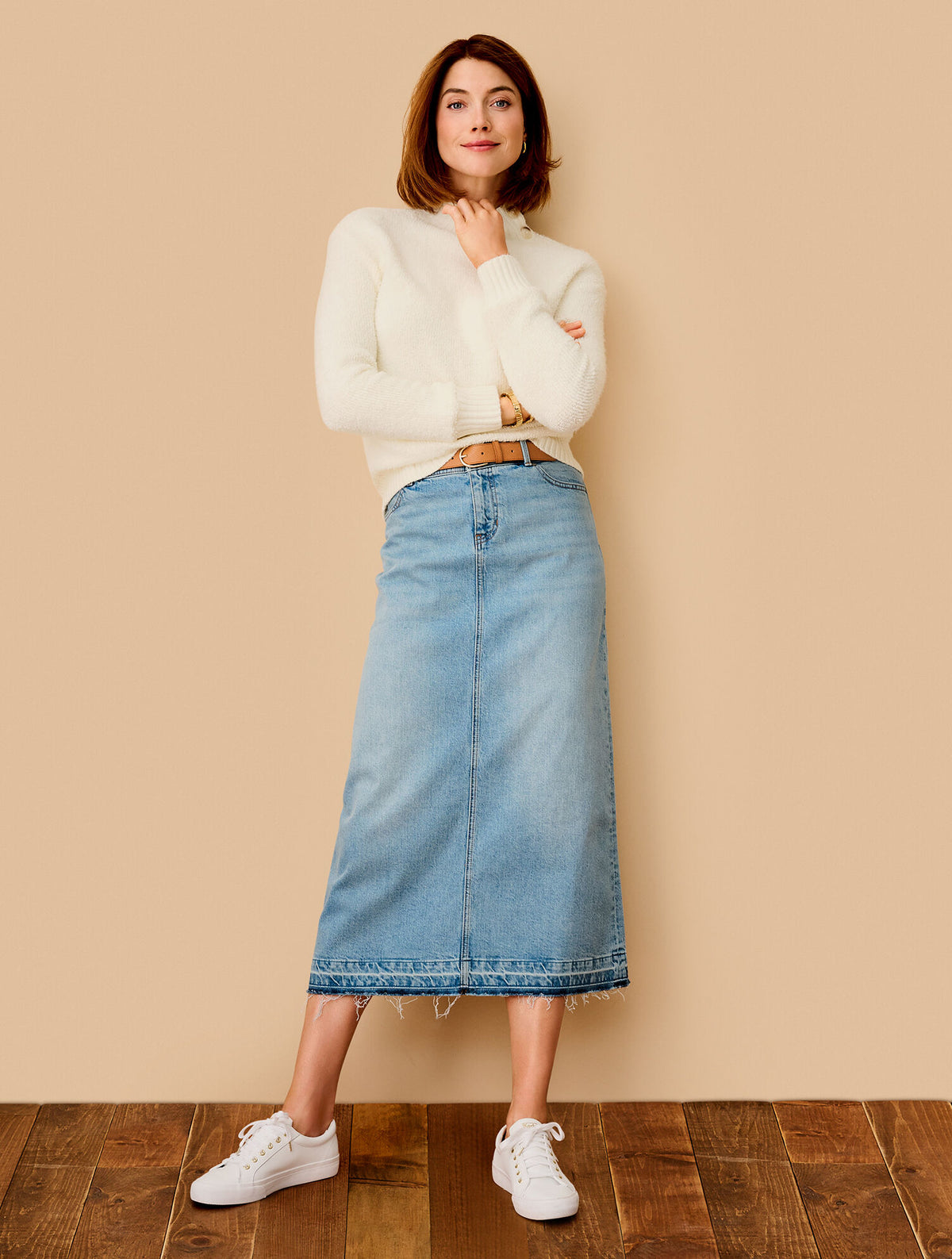 Talbots DROP HEM DENIM MIDI SKIRT - SPRING WASH