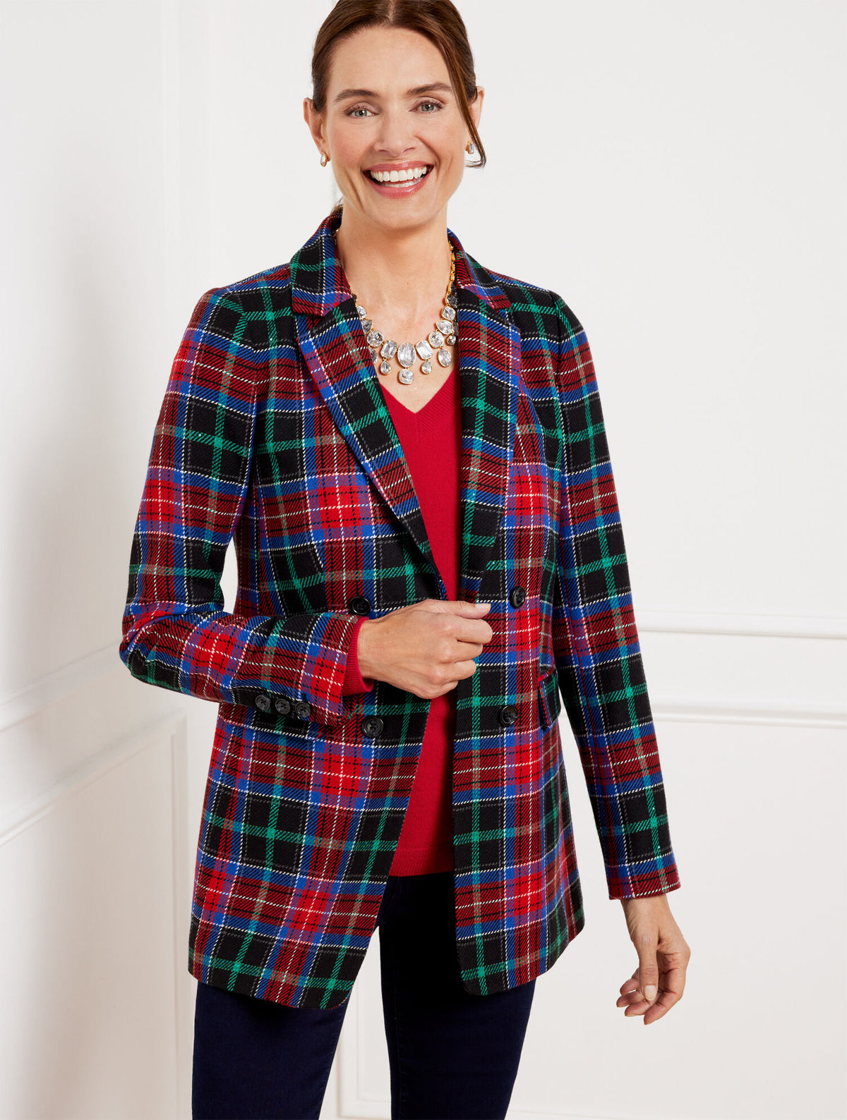 Talbots OPEN FRONT BLAZER - LOG FIRE PLAID