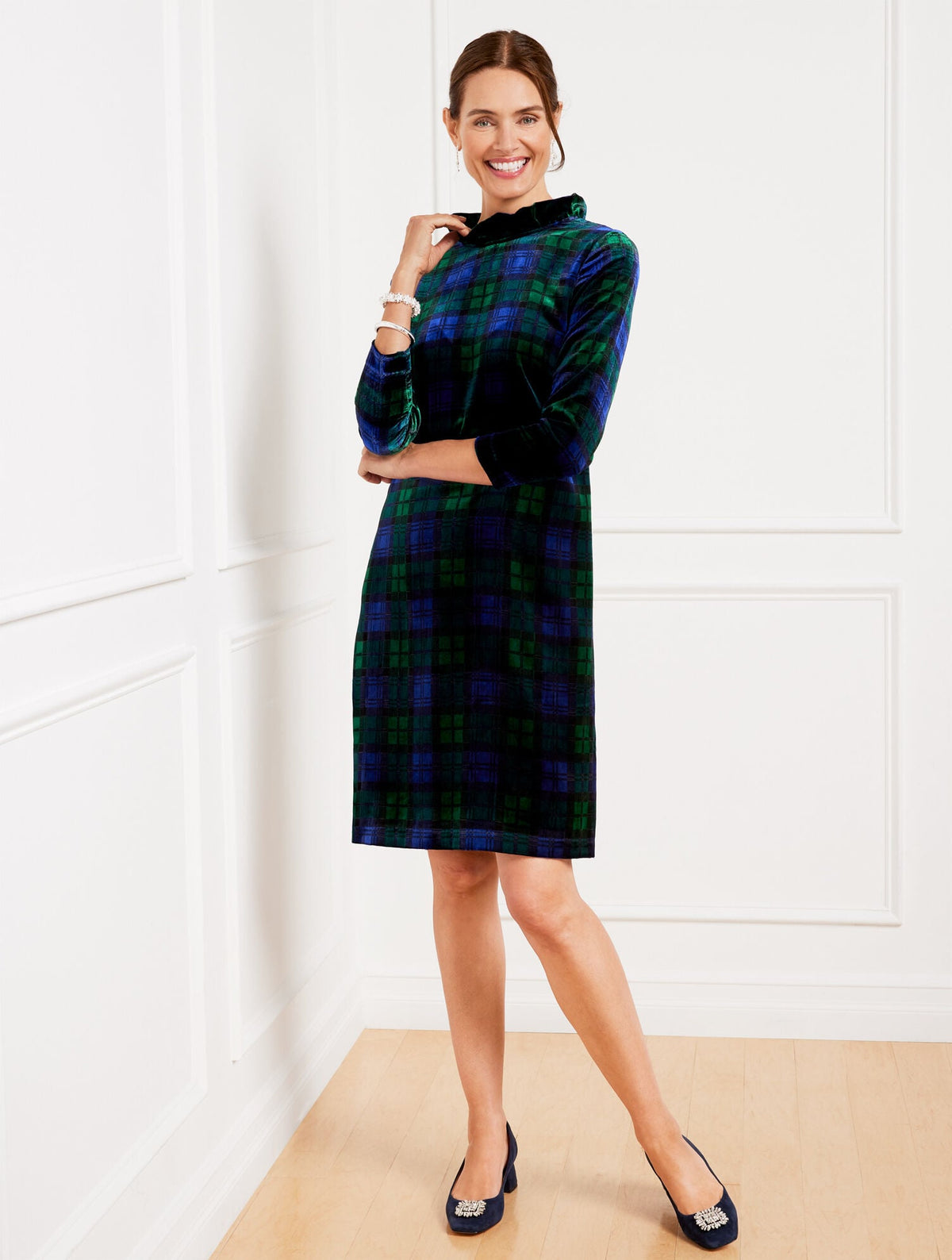 Talbots EFFORTLESS VELVET A-LINE DRESS - BLACK WATCH PLAID