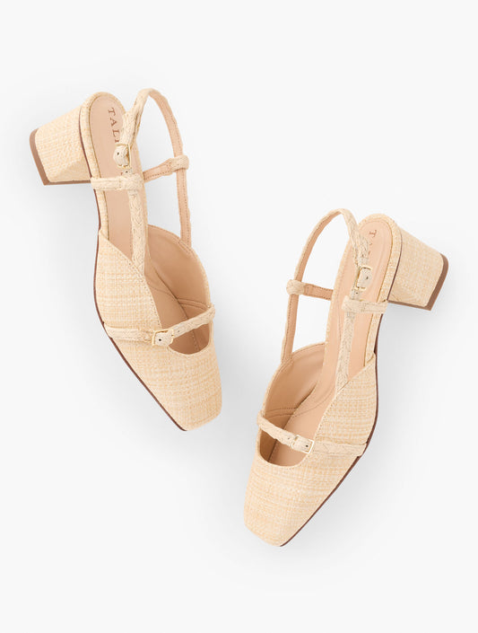 Talbots CARLYE BUCKLE BLOCK HEEL RAFFIA PUMPS