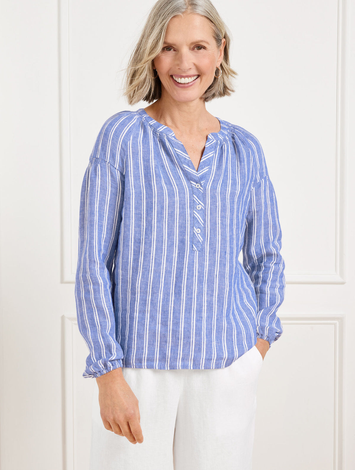 Talbots LANTERN SLEEVE LINEN TOP - PETAL STRIPE