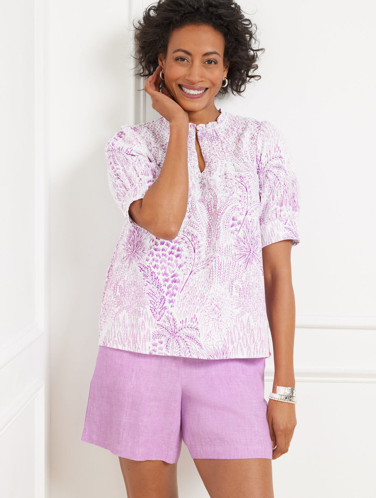 Talbots LINEN BLEND SMOCKED TOP - BLISSFUL MEADOW