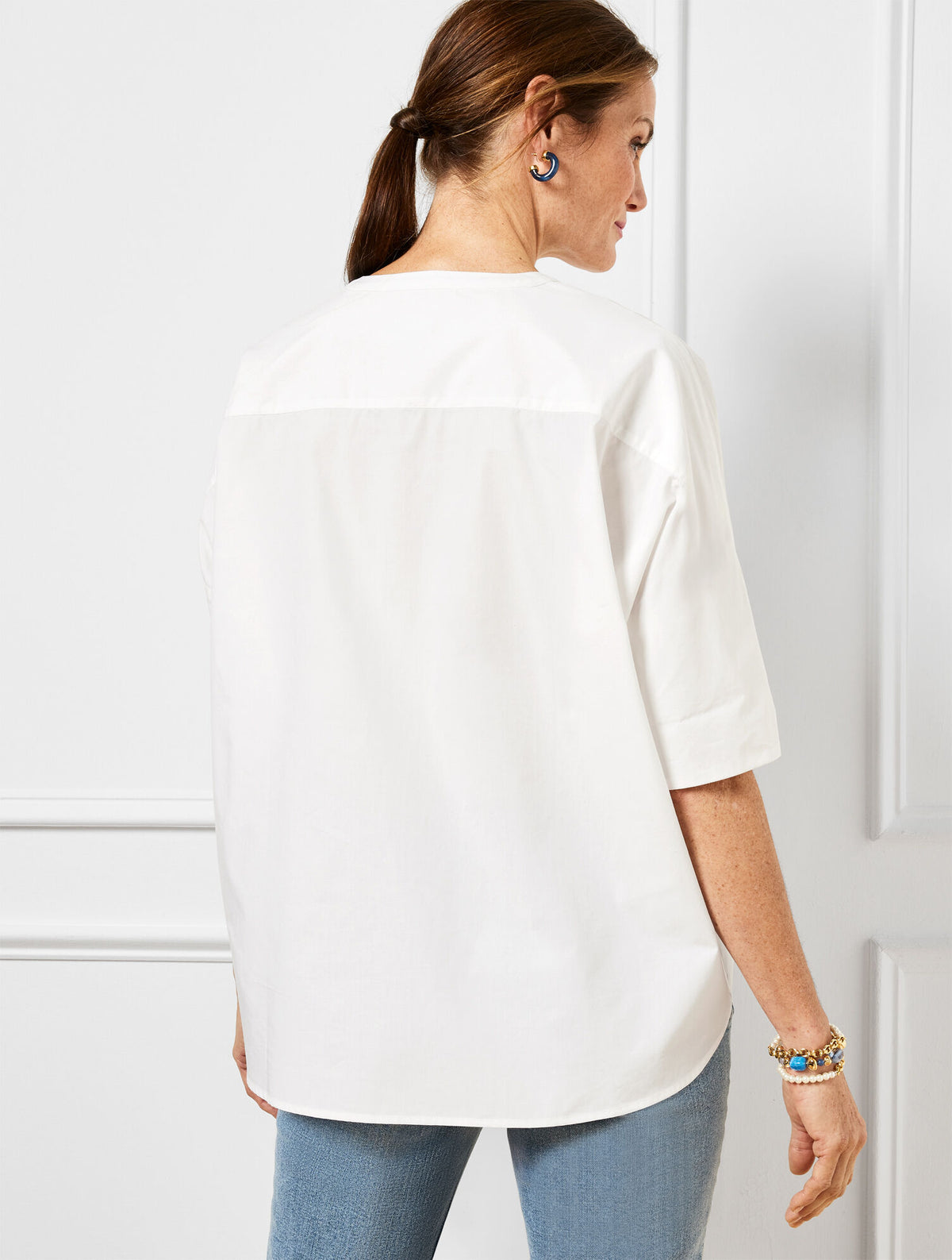 Talbots BAND COLLAR BUTTON FRONT POPLIN SHIRT
