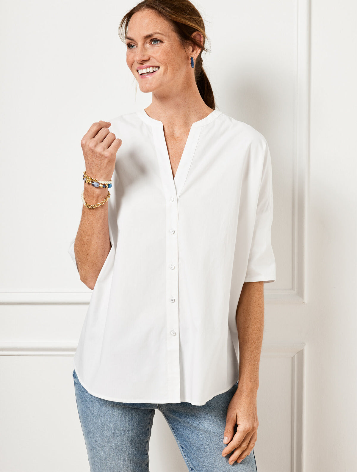 Talbots BAND COLLAR BUTTON FRONT POPLIN SHIRT