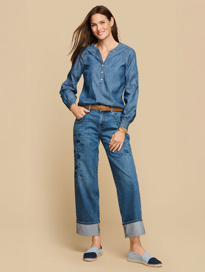 Talbots LANTERN SLEEVE SHORT DENIM TOP - KINNEY WASH