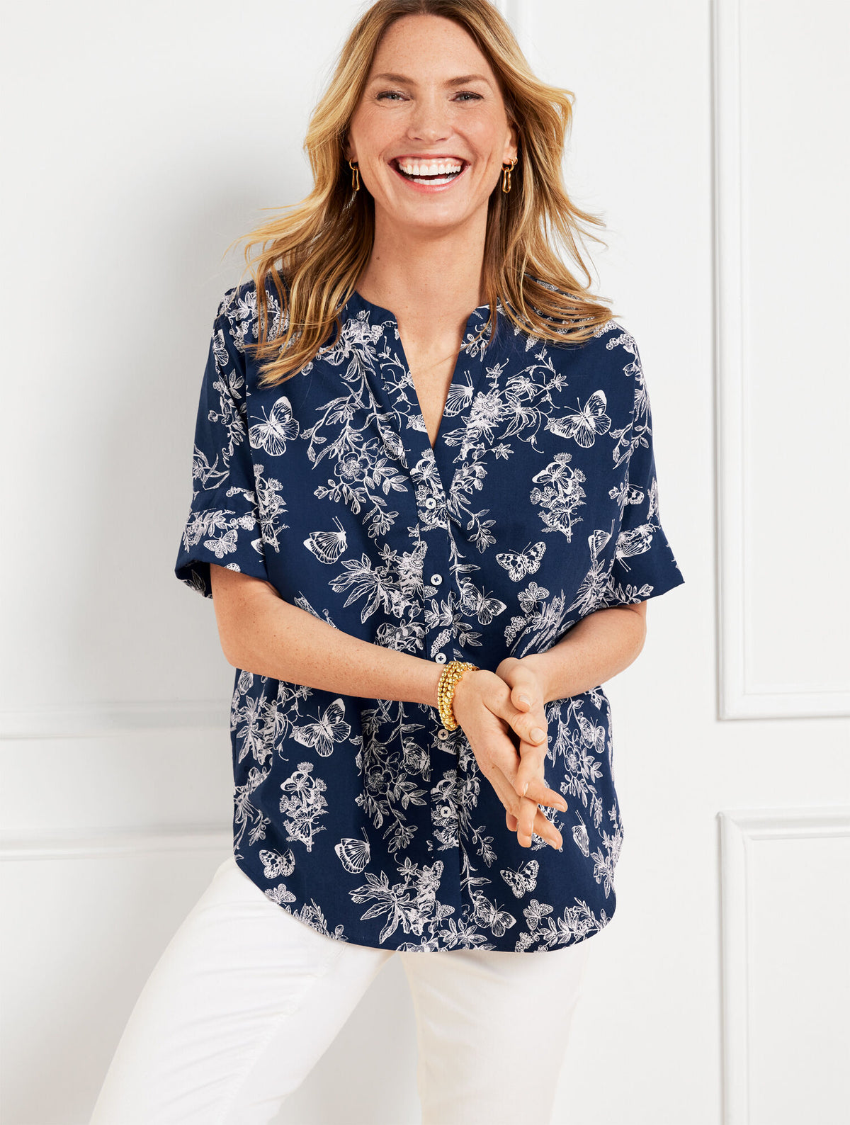 Talbots BAND COLLAR BUTTON FRONT POPLIN SHIRT - PENCIL BUTTERFLY