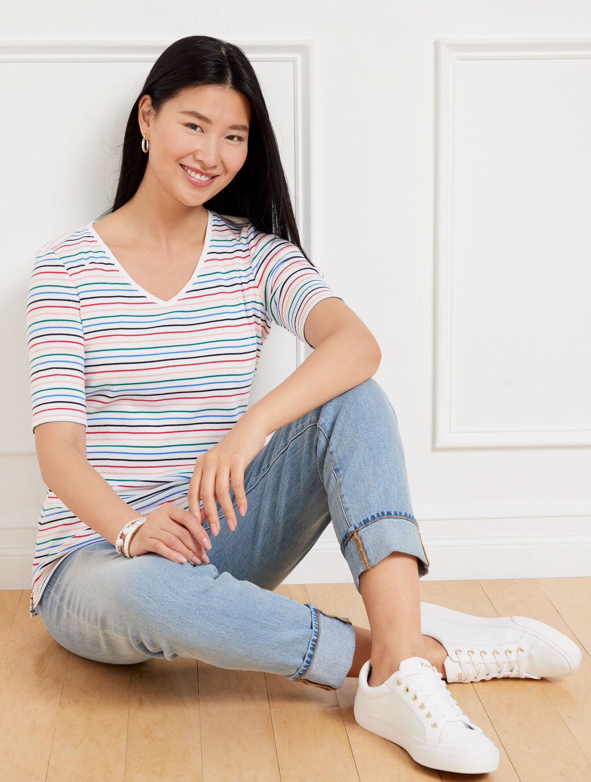Talbots ELBOW SLEEVE V-NECK TEE - MARGOT STRIPE