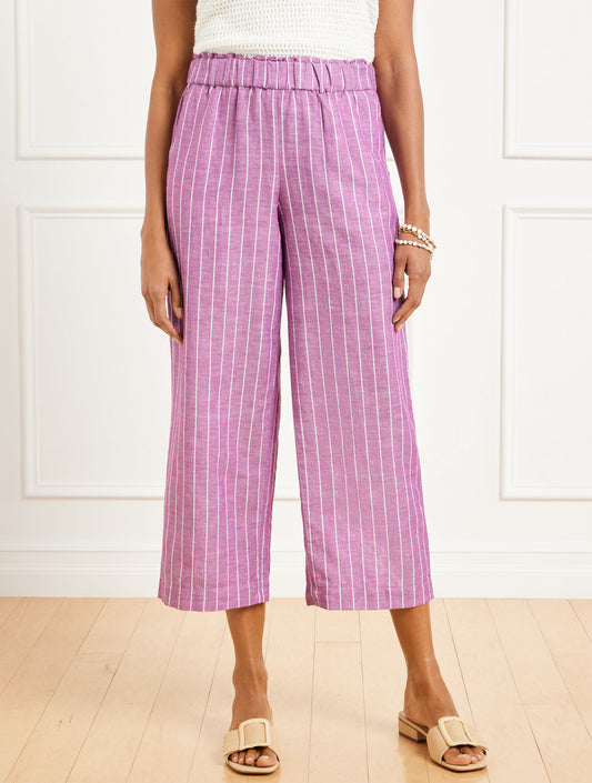 Talbots WIDE CROP WASHED LINEN PULL-ON PANTS - RIVIERA STRIPE