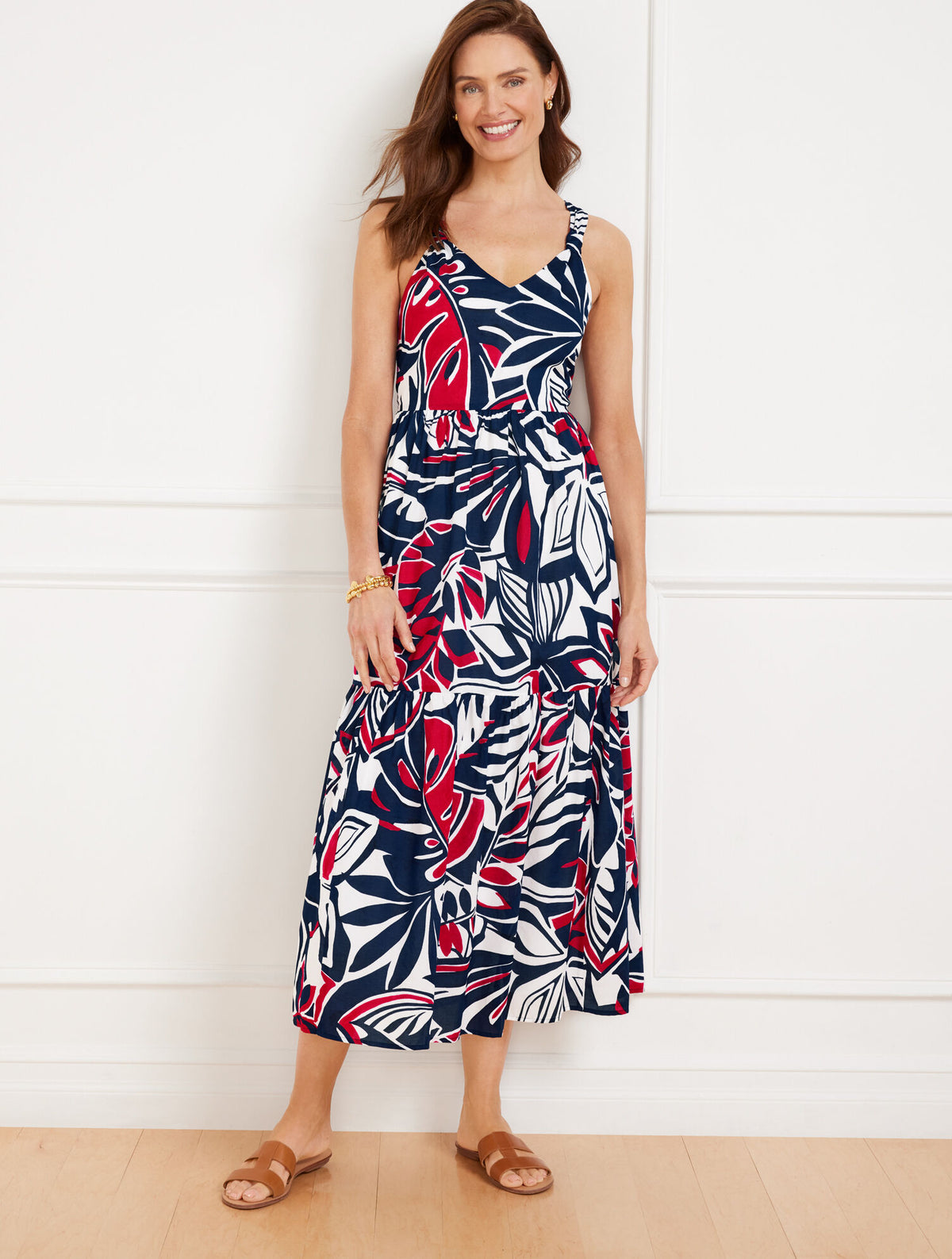 Talbots TIERED FIT & FLARE MIDI DRESS - EXPRESSIVE PALMS