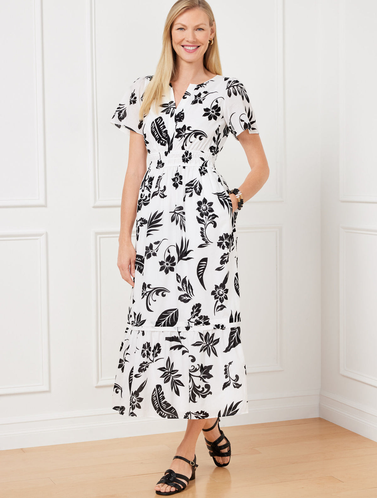 Talbots FLUTTER SLEEVE MIDI DRESS - SILHOUETTE PALMS