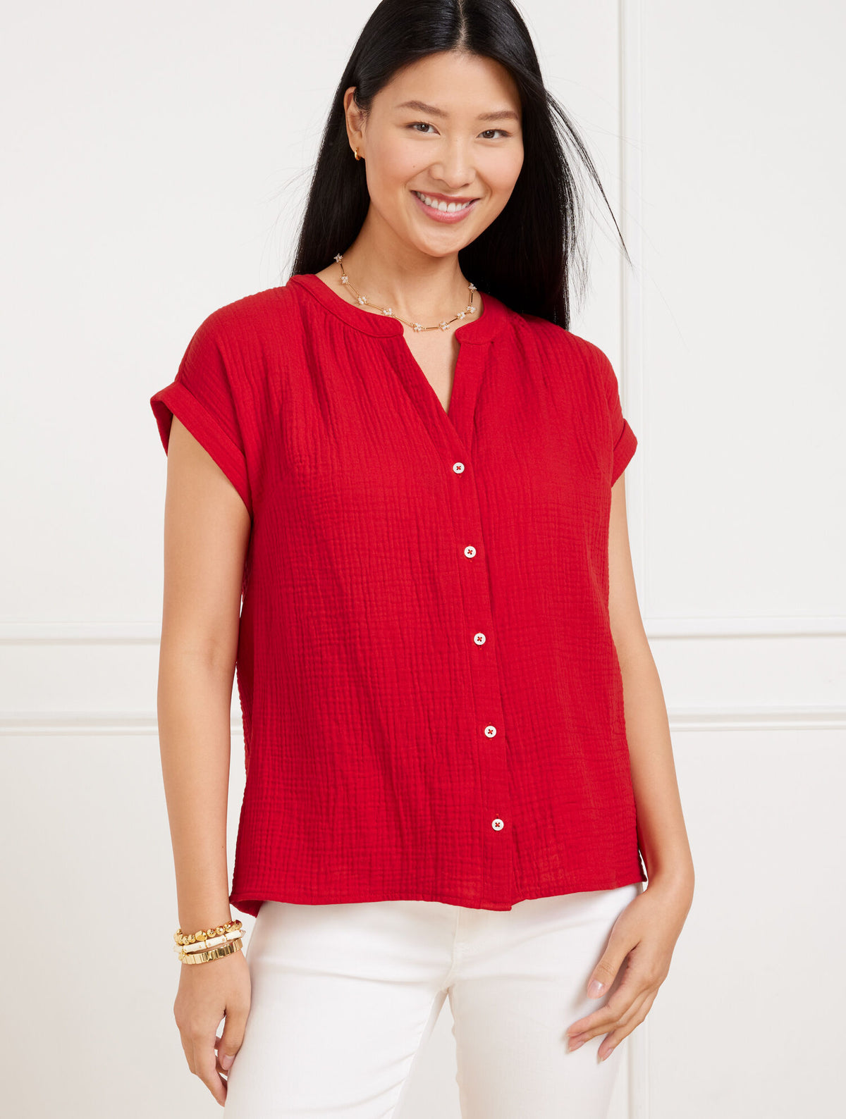Talbots BAND COLLAR BUTTON FRONT TOP