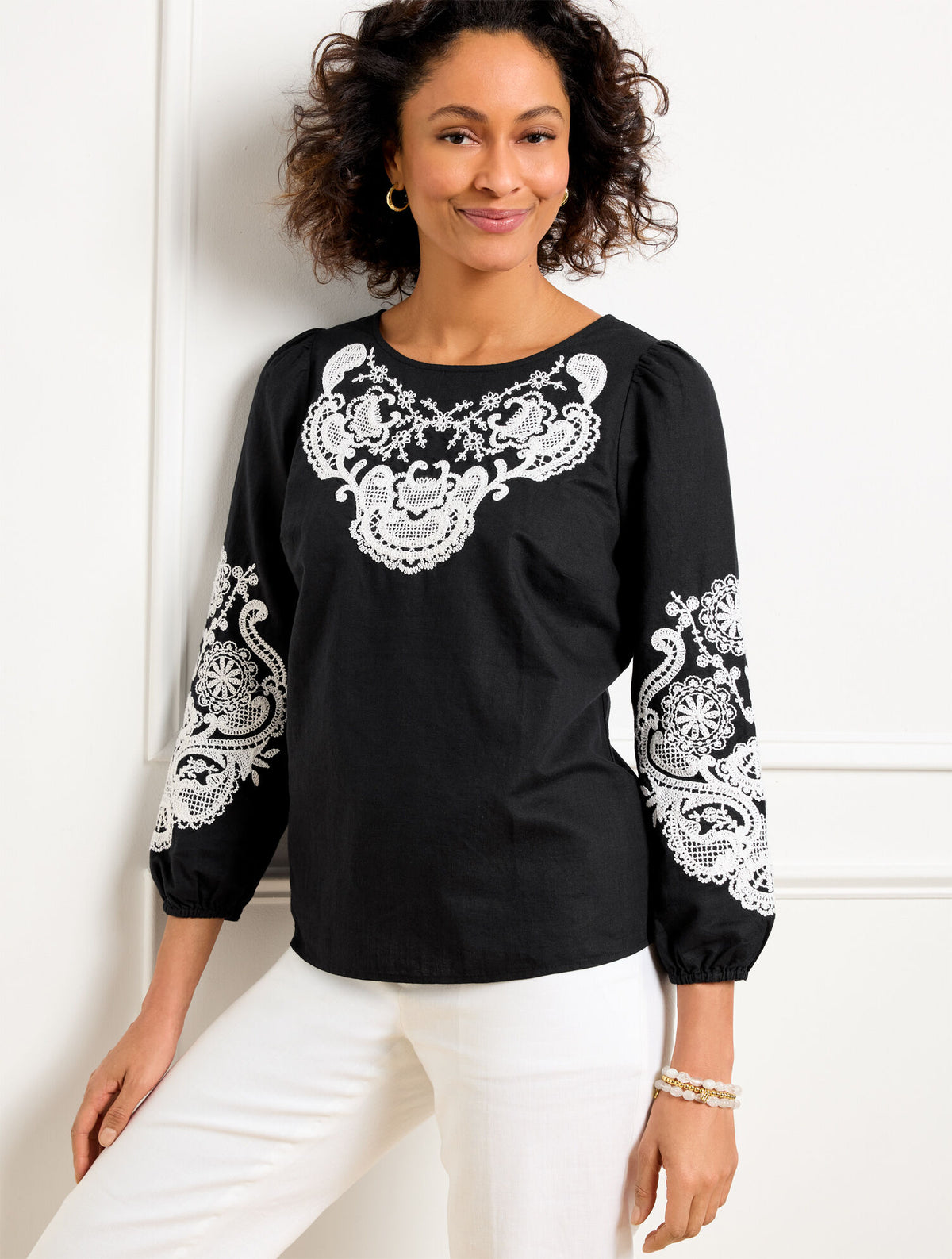 Talbots EMBROIDERED LINEN COTTON TOP