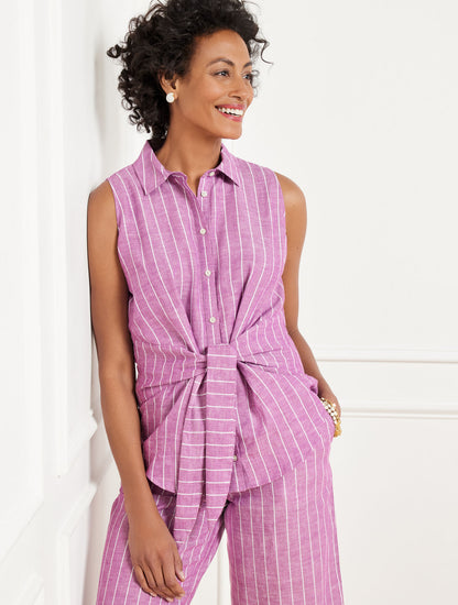 Talbots TIE FRONT LINEN SHELL - RIVIERA STRIPE