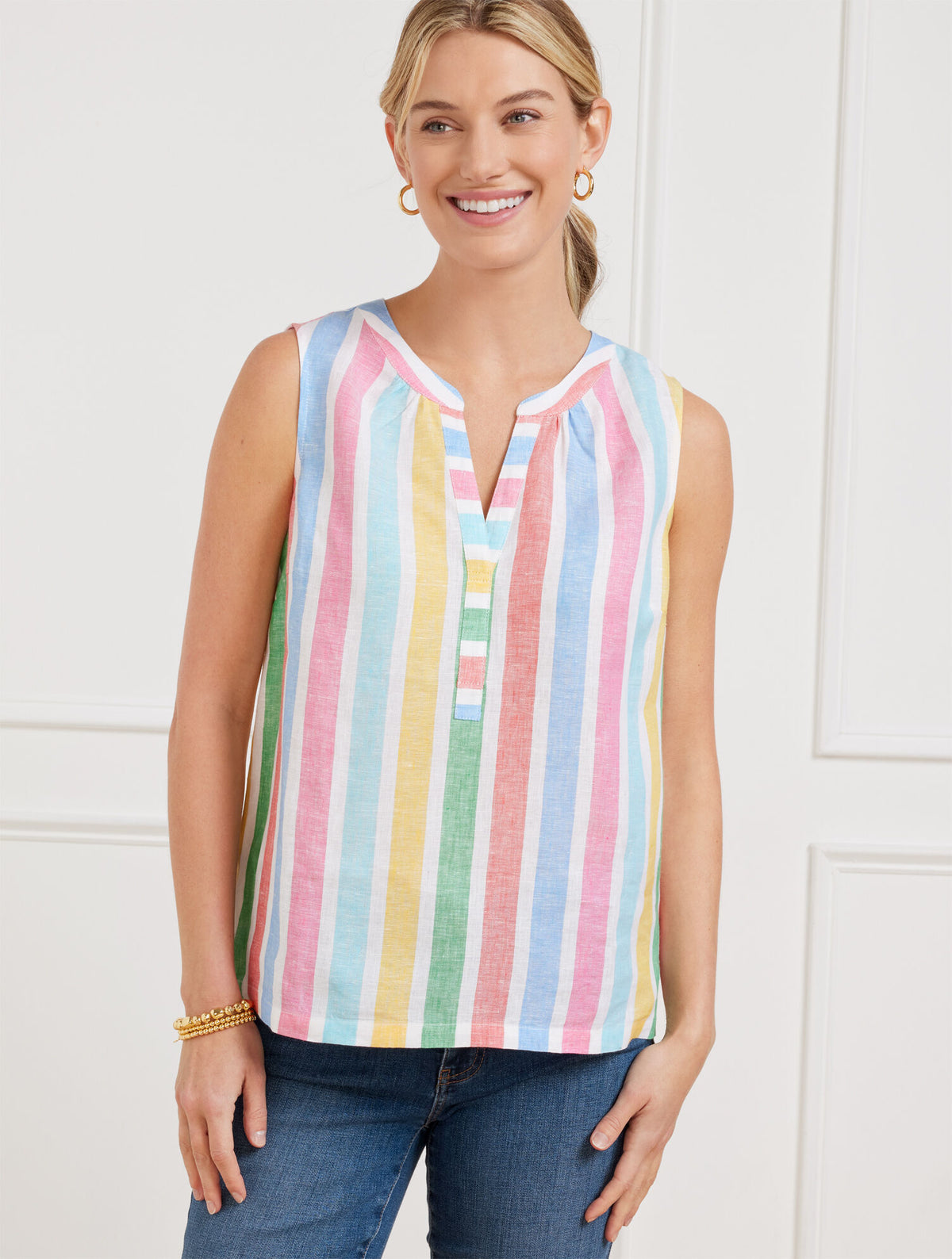 Talbots LINEN BAND COLLAR SHELL - PRISMATIC STRIPE