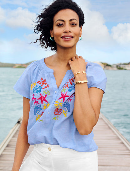 Talbots LINEN COTTON TOP - EMBROIDERED SEASHELL