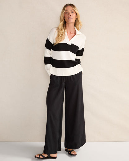 Talbots ORGANIC COTTON LINEN STRIPE JOHNNY COLLAR SWEATER