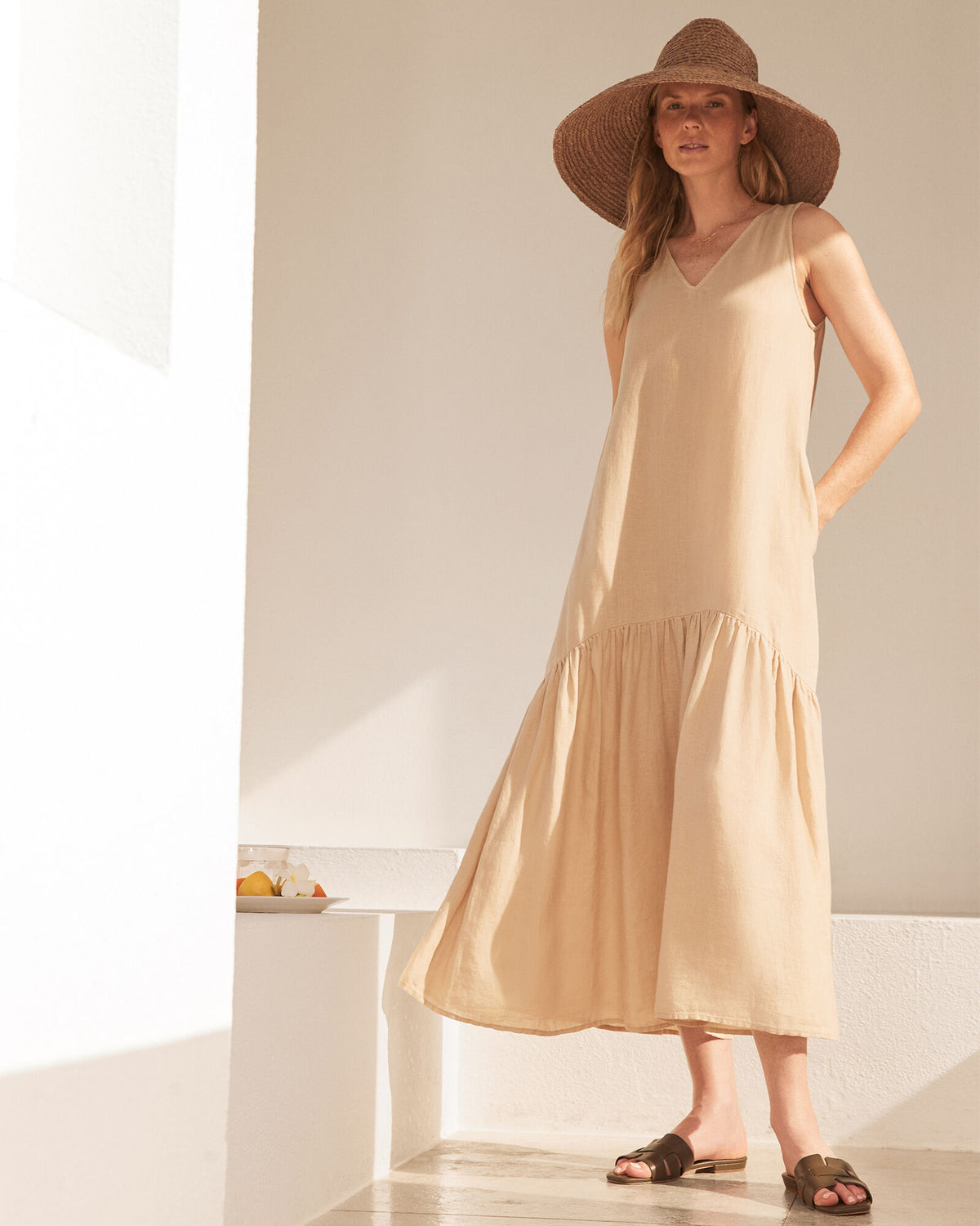 Talbots LINEN V-NECK TIERED MIDI DRESS