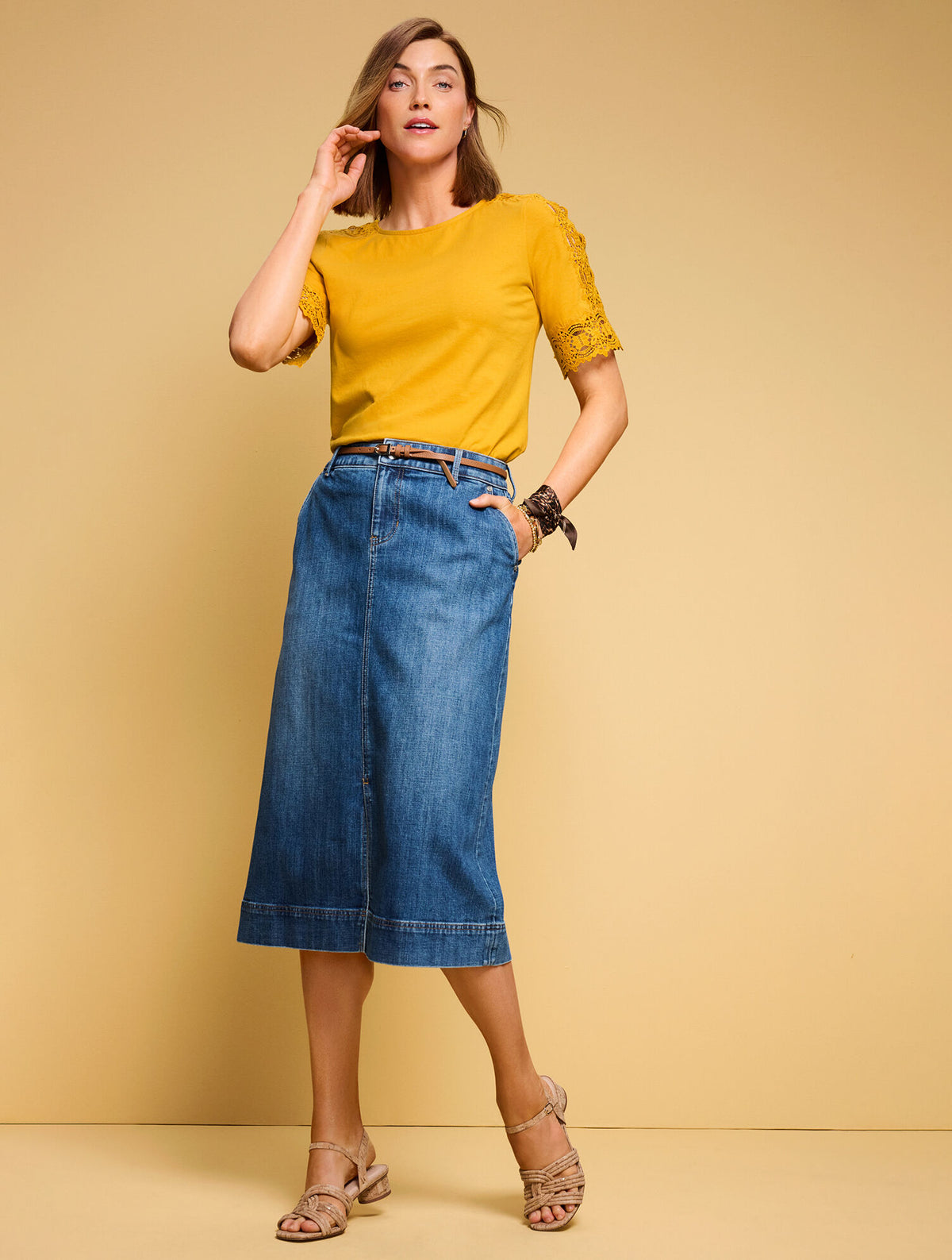 Talbots DENIM A-LINE MIDI SKIRT - CARDIFF WASH